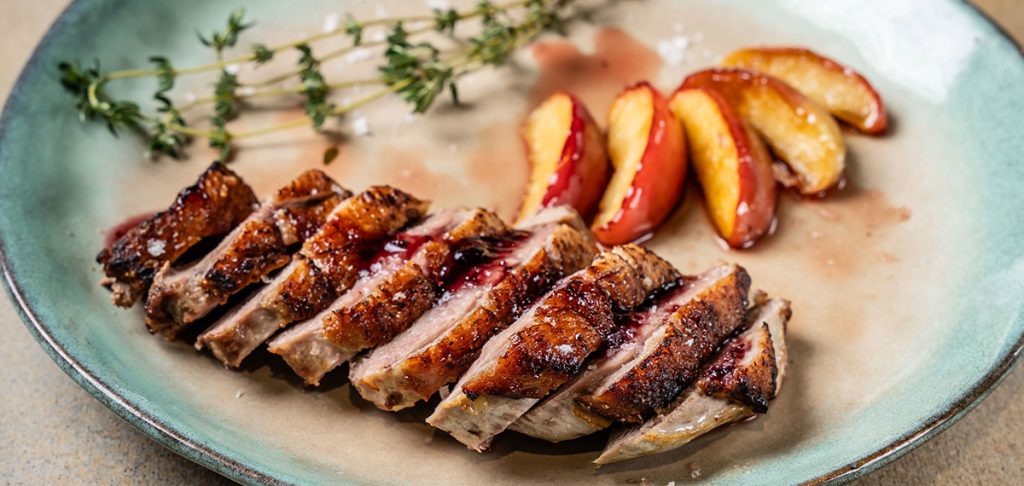 Roasted Duck Breast with Caramelized Peaches recipe by pittman and davis